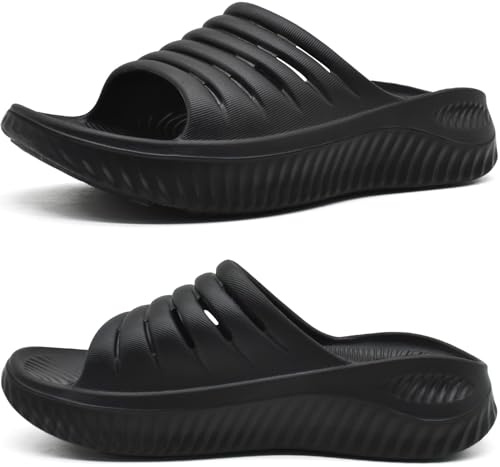 KuaiLu Womens Recovery Sandals Comfortable Plantar Fasciitis Arch Support Ladies Orthopedic Slip On Running Sport Walking Slides Thick Athletic Cushion Slippers Summer Outdoor Sliders Black Size 6