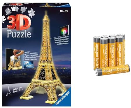 Ravensburger 3D Puzzle Eiffelturm in Paris bei Nacht 12579 - leuchtet im Dunkeln - 216 Teile - ab 10 Jahren & Amazon Basics AAA-Alkalibatterien, leistungsstark, 1,5 V, 8 Stück(Aussehen kann variieren)