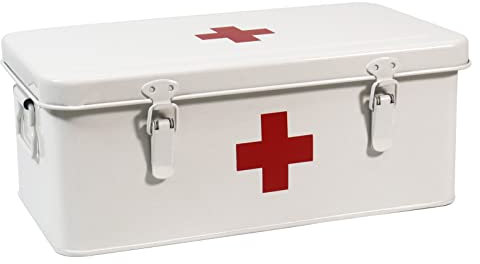 Xbopetda First Aid Medicine Box, First Aid Kit Supplies Bin, Metal Medicine Storage Tin, First Aid Empty Box with Safety Lock for Home Emergency Tool Set-White