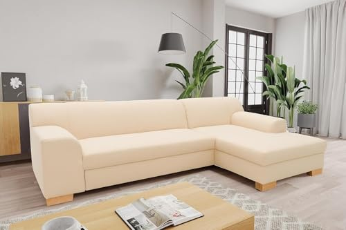DOMO Collection Ecksofa Tinos, L-Sofa, Eckcouch mit Schlaffunktion, Schlafsofa Couch, L-form, 273 x 157 cm in beige | Longchair rechts mit Schlaffunktion und Holzfüßen, klassisches L-Sofa, 273 x 157 cm (BxTxH)