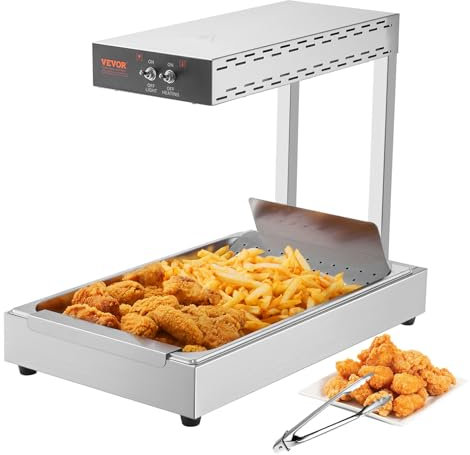 VEVOR Scalda Patate Fritte, Lampada Riscaldante Alimenti Fritti Commerciale 750 W, Vassoio Scaldavivande Luce Riscaldante Acciaio Inox, Vasca Scalda Patatine da Tavolo 40-50 ℃ per Ristorante Cucina