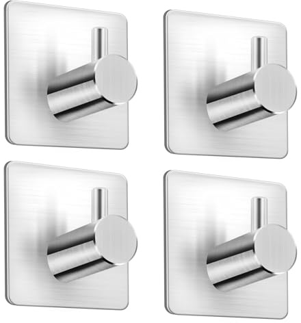 AUXHCYL Handtuchhalter Ohne Bohren Edelstahl - 4 Pcs Praktisch Klebehaken Extra Stark, Rostfrei Wandhaken Selbstklebend, Klebehaken Badezimmer, Haken Kleben für Bad Küche Büro, Silber