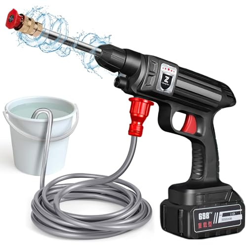 Idropulitrice Senza Fili ad Alta Pressione, 1500W 30Bar Idropulitrice ad Alta Pressione, Portata Massima di Acqua 4,0 L/Min, Ugello 6 in 1, Tubo 5M Adatto per Lavaggio Auto, Giardino (30000mAh)
