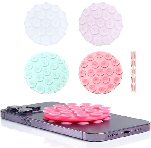 Vilbocr 4PCS Double Sided Suction Phone Mount, Round Non Slip Suction Cup Mount, Silicone Suction Mount, Self-Adhesive Phone Sticky Grip for Portable Electronic Devices (Pink, White, Green)