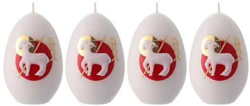 Set aus 4 weissen eiförmigen Kerzen mit Osterlamm-Motiv, 12x8 cm