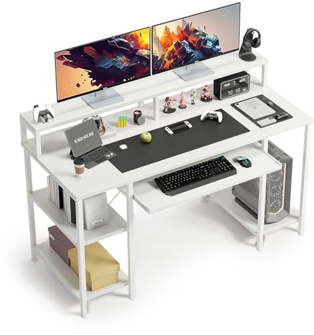 CAIYUN Escritorio para Ordenador de 120 cm, Escritorio de Oficina, Oficina en casa con estantes, Escritorio para Juegos con Bandeja para Teclado, Mesa de Estudio con Soporte para Monitor.