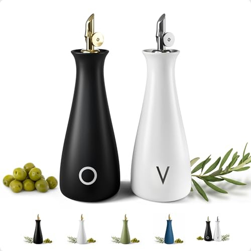 Oil and Vinegar Dispenser Set with Self-Closing Stainless Steel Spouts - 530 ML Capacity Matte Ceramic Leak Proof EVOO & Vinegar Dispensing Bottle Set of 2 - Olive Oil and Vinegar Dispenser Bottle Set