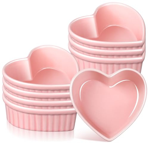 Reallnaive 8 Pcs Heart Shaped Ramekin Creme Brulee Ramekins Oven Safe 3.54 x 3.54 x 1.57 Inch Heart Shaped Bowl Small Baking Ceramic Ramekins Dishes for Souffle Snacks Quiche Appetizers Sauces(Pink)