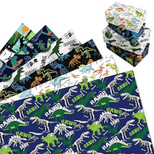 MORAINJAY 12 Bögen Dinosaurier Geschenkpapier, Dinosaurier Geburtstagsgeschenkpapier, 1. Geburtstag Dino Party Dekorationen für Jungen Kinder 68 cm x 50 cm