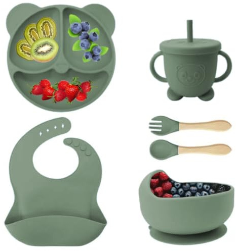 Eliano Set di 6 stoviglie in silicone per bambini, senza BPA, piatti antiscivolo e ciotola, bavaglini, tazza per imparare a bere con cannuccia e posate – Baby Led Weaning Set