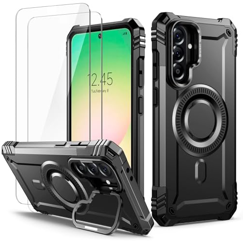 Lanhiem Cover per Samsung A56 5G, per Magsafe con Supporto, Militare, Nero | Protezione Completa del Corpo a 360°con 2 Vetro Temperato, 14FT Antiurto Resistente, Custodia per Samsung Galaxy A56 5G