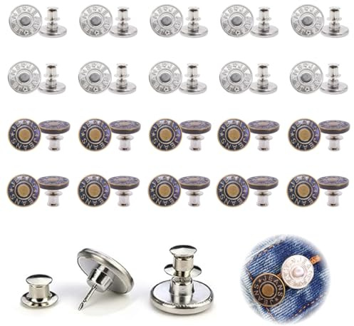 20 Stück Jeans Knöpfe Ohne Nähen, 17mm Button Pins, Hosenknöpfe Zum Stecken | Abnehmbare Druckknöpfe zum Hosen enger machen & Hosenknopf-Verlängerung | DIY Knöpfe Erweiterung & Anpassung