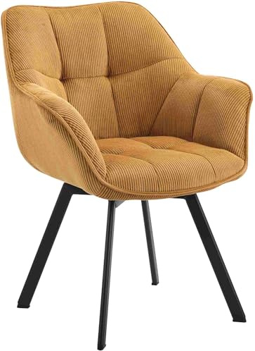 CLP Esszimmerstuhl ergonomisch Jordi Cord, drehbar mit Armlehnen, Polstersessel, 4-Fuß-Metallgestell, bis 150 kg, mit Bodenschonern - Farbe orange