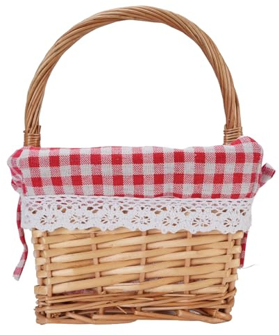 Panier en Osier avec Poignée, Panier de Pique-Nique à Saule, œufs de Pâques et Panier de Panier de Bonbons, Panier de Pâques avec Doublure 25x19x13cm (Plaid Rouge)