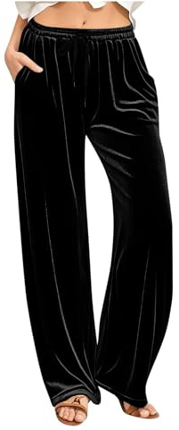 Velvet Trousers Womens Elasticated Waist Trousers Solid Color Casual Loose Long Pants Ladies Palazzo Wide Leg Bottoms Soft Comfy Stretch Office Leisure Trouser with Pockets Black