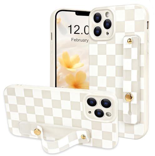 NITITOP Compatible with iPhone 11 Pro Max Case Cute with Wrist Hand Strap Checkboard Checkered Pattern Aesthetic for Women Girls Plaid Adjustable Kickstand Protective Cover - White