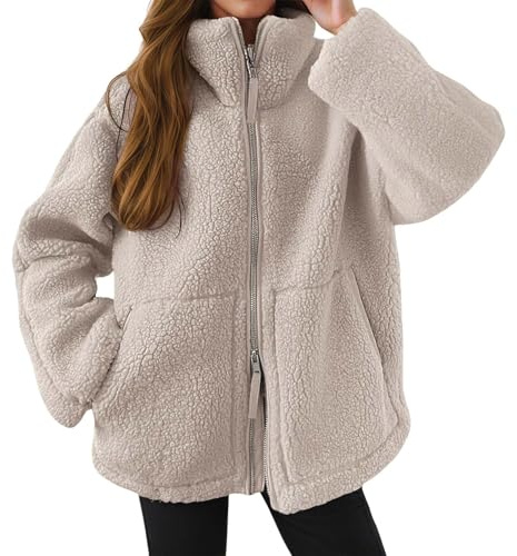 Teddy Fleecejacke Damen, Strickjacke Dicke Fleecejacke Damen Beige Freizeit Teddy Jacke Warme Plüschjacke Einfarbig Kuscheljacke Winterjacke Doppelschneidiger Oversize Jacke Strickfleecejacke