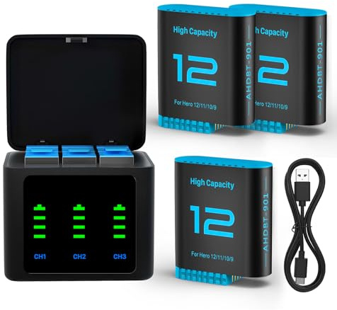 OHZHAO 3er-Pack 2026 Upgrade 2580 mAh Hero 12 Akku und LED 3-Kanal-USB-Ladegerät, Hochleistungsakku für GoPro Hero 12/11/10/9 Black Enduro wiederaufladbare Kameras mit Typ-C-Datenkabel