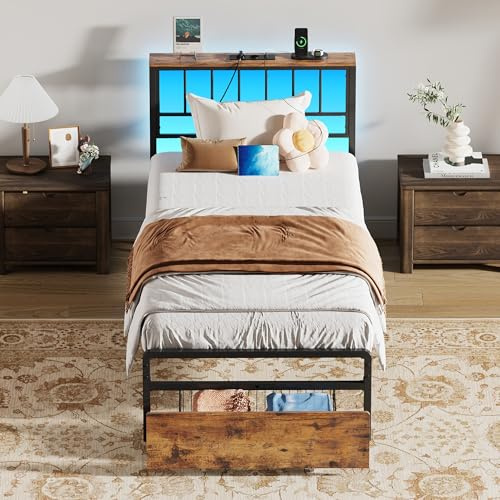 IRONCK Bett 90x200 mit LED Beleuchtung, Bettgestell 90 x 200 mit 2 Schubladen, Metallbett mit 2 AC-Steckdosen 1 USB 1 Typ-C-Anschluss, Jugendbett, Einzelbett mit Lattenrost aus Metall