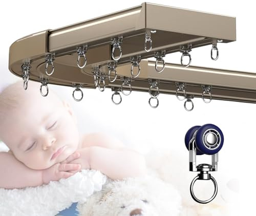 Ceiling Curtain Track Bay Window Curtain Rail System 1-6m, Double Row Rod Wall Mounted, For Home Hotel Office Living Room Bedroom Shower Stall, Room Divider With 90 Degree Bends(Metallic,2m)
