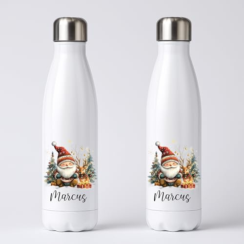 Personalised Christmas Gnome Water Bottle - Cute Xmas Gnome Bottle - Stainless Steel Water Bottle Customise with Your Name, Thermal Vacuum Insulated 500ml Double Wall Water Bottle, Gift for Christmas