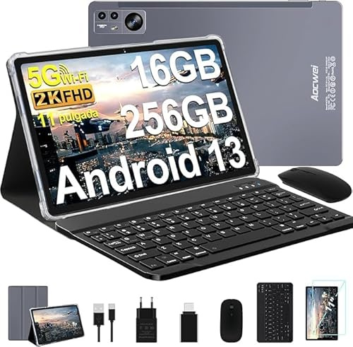 fezawio Tablet 11 Pulgadas 2K Android 13 Tablet 16GB RAM+256GB ROM (TF 512GB)|8600 mAh|5MP+13MP+2MP| 2000 * 1200pixels |Bluetooth 5.0 |5G+2.4G WiFi |Octa-Core|con Teclado + Ratón+Funda,Gris