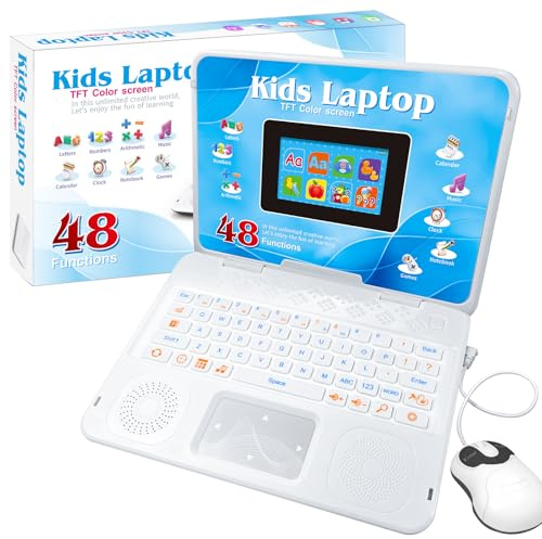Happiegg Kids Laptop Educational Toy with 48 Activities, Colour Screen | 15x8cm Display, Maths English Music Games with Mouse, Rechargeable Computer for Boys Girls Age 5+ Birthday Christmas, White
