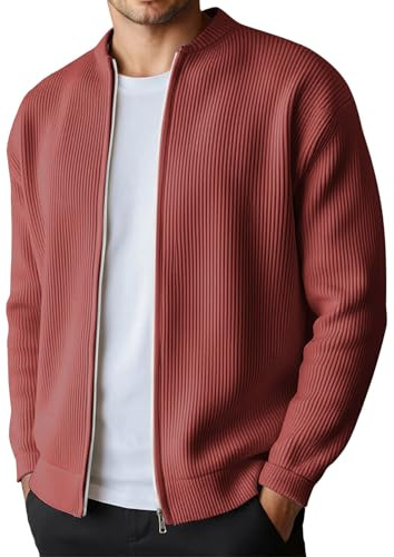 DASONLUE Giacca da uomo in maglia con cerniera, a tinta unita, giacca da uomo, a maglia, in stile casual, con cerniera, morbida, giacca primaverile, pullover, comfort fit, cardigan, rosso mattone, L