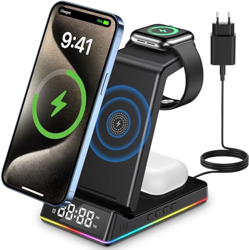 Cargador Inalámbrico 5 en 1, Estación de Carga Plegable con Reloj LED, Base de Carga para Móvil, Reloj Inteligente y Auriculares, Cargador sin Cable con Adaptador