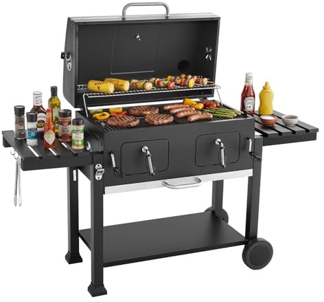 VEVOR Parilla de Carbón con Ruedas 0,5 m², Barbacoa con 2 Bandejas de Carbón Elevables, Mesas Laterales, Bandeja para Cenizas, Asador Transportable de Acero con Recubrimiento en Polvo para Jardín
