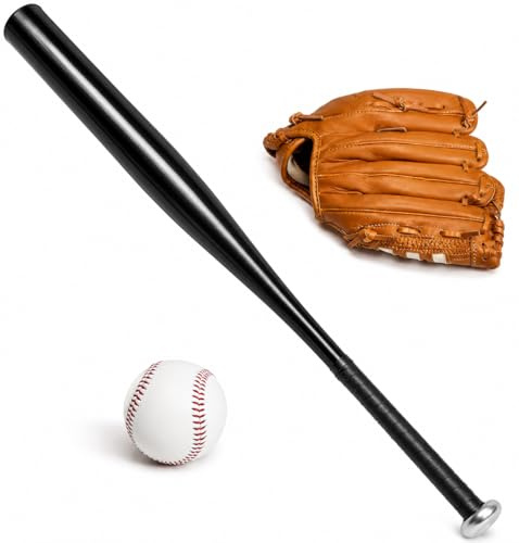 D.I.L Baseball Bat Set, 32 Inch Aluminum Metal Bat with 10.5 Inch Leather-Style Glove and Ball, for Teens and Adults, Red, Blue, Black, Silver