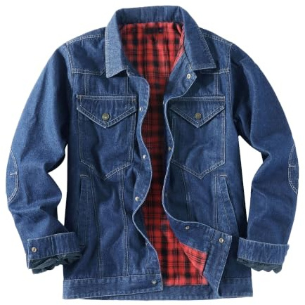 Män klassisk rutig fodrad truckerjacka vardaglig varm krage knapp denimrock | Knäpp-knappstängning, bröstfickor, varmt foder, casual ytterkläder, klassisk passform