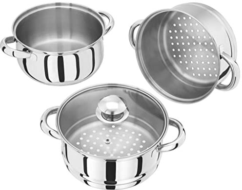 Judge Essentials Cuiseur vapeur à 3 étages en acier inoxydable 18 cm avec couvercle en verre ventilé et cocotte intégrale Passe au four Compatible induction