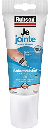 Rubson Je Jointe Mastic Transparent 150 ml, mastic étanche anti-moisissure en tube prêt à l'emploi, mastic silicone durable pour joints sanitaires spécial Bain & Cuisine
