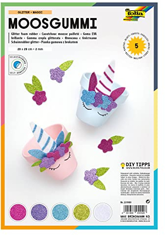 folia 231909 - Glitter Moosgummi, 20 x 29 cm, 5 Blatt in 5 Farben sortiert, einseitig selbstklebend