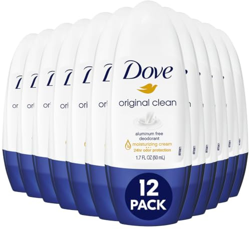 Dove Aluminum-Free Deodorant for Women, Original Clean Roll-On 12-Pack – ¼ Moisturizing Cream Formula with 24H Odor Protection, 1.7 Fl Oz Ea