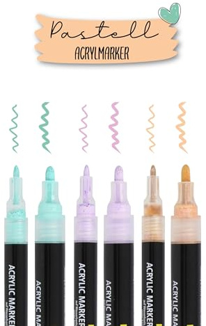 ONLINE Set med 6 akrylpennor pastellbeige, lavendel, turkos I starkt täckande textningsset med fineliner och märkpenna I pastelliga akrylmärkpennor för gör-det-själv-projekt I för papper, glas, trä,