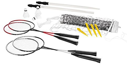 Crivit Badminton komplett set för upp till 4 spelare: 4 klubbor, 3 bollar, spelnät, spännsnören och markankare