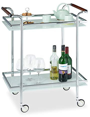 Relaxdays Servierwagen Milchglas, Servicewagen, Teewagen, mit 2 Ablagen, offen, Deluxe Rollen, HBT 85x66x43 cm, Silber