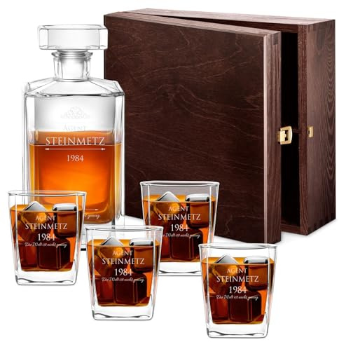 Maverton Whiskey Karaffe + 4 / 6er Whiskygläser Set mit Gravur - 700ml Whisky Dekanter - Geschenk zum Geburtstag für Männer - Agent