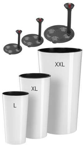 MELTOM Blumenkübel 3er Set Rund Ø 25+29+40 cm Weiß mit Bewässerungssystem | Gefäße 21+28,4+76 L, Innentöpfe 9,5+12,5+29,5 L · 3 Wasserreservoirs mit Anzeiger · Höhen 46,5 / 57 / 75 cm · Innen & Außen
