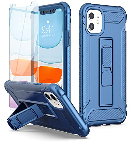 ORETECH [5 in 1 für iPhone 11 Hülle,mit [Ständer Halter][2X Displayschutzfolie],Handyhülle iPhone 11,360 Grad [Militärischer Schutz] Stoßfest Schutzhülle Silikon Bumper Hülle für iPhone 11, Blau