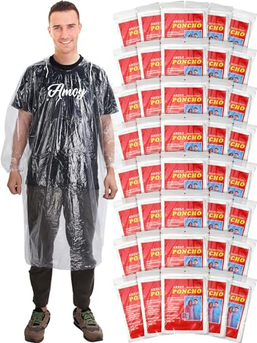 Tarpop 40 Pack Disposable Rain Ponchos for Adults Disposable Ponchos Pack with Drawstring Hood Elastic Sleeves Raincoat for Camping(Clear White)