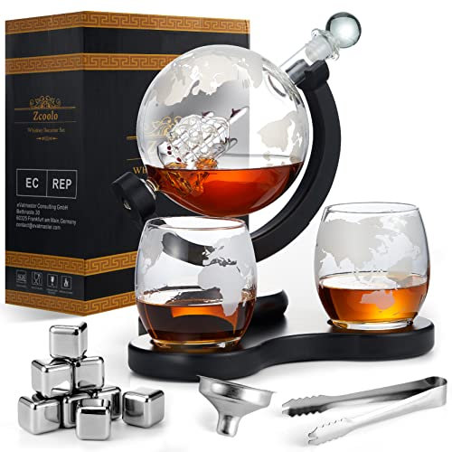 Zcoolo Whiskey Decanter Set - 850ml Decanter with 2 Engraved Globe Glasses, Stainless Steel Funnel and 8 Stainless Steel Whisky Stones Ice Cubes (B)