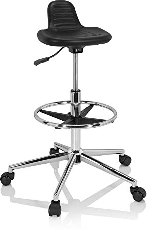 hjh OFFICE 830099 Arbeitshocker hoch TOP Work 03 I PU-Hartschaum Schwarz Drehhocker mit Rollen & Gleiter, höhenverstellbar