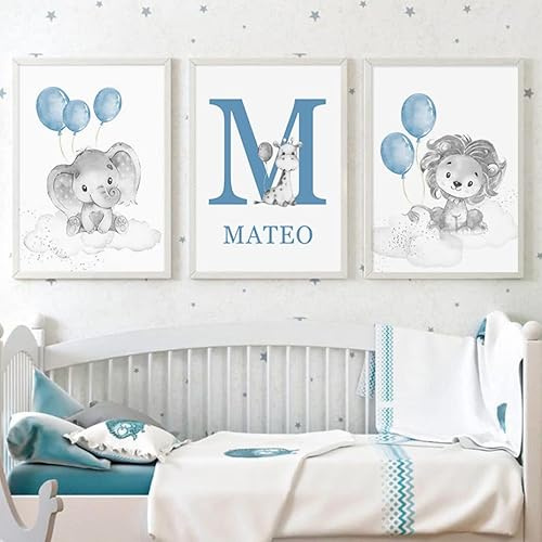 Youihom 3 Poster Nordisch Personalisierbar Baby Name Bilder Dekoration Kinderzimmer Babyzimmer Tierbild Blau Löwe Elefant Wolke Leinwand Jungen Mädchen 30 x 40 cm ohne Rahmen