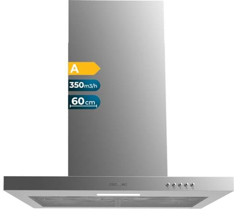 Cecotec Campana Extractora 60 cm Tipo T Bolero Flux TM 603500 Inox A. Potencia de Succión 350m3/h, Motor 70W, Control Mecánico, 3 Niveles de Potencia, Luz y Filtro de Carbono, Inox