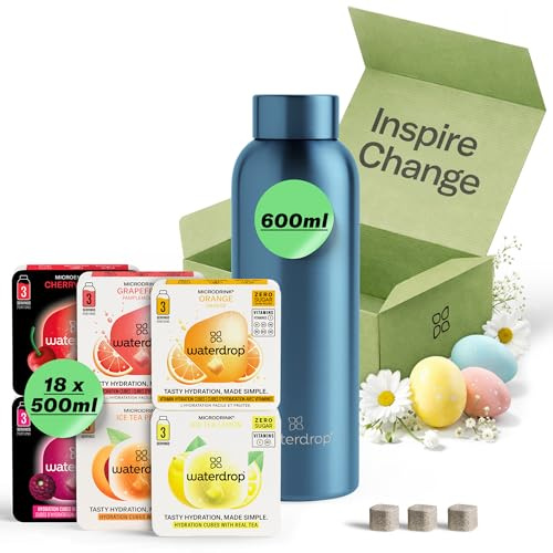 waterdrop® Starter Set - 600ml Trinkflasche mit Geschmack inkl. 18 zuckerfreie Drops - Geschenk für Frauen - Probierpaket mit Wasserflasche & Drops - Edelstahl Trinkflasche Kohlensäure geeignet