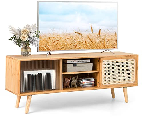 COSTWAY TV Stand for TVs up to 55/65, Bamboo TV Cabinet Media Entertainment Center with Sliding Rattan & Glass Doors, Adjustable Shelf, Living Room Bedroom TV Unit Console Table (120cm for 55 TVs)