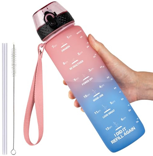 GOPPUS 1L/32oz Borraccia con cannuccia Borraccia motivazionale a tenuta stagna con marcature del tempo Borraccia sportiva in Tritan per palestra Scuola Borraccia grande per Adulti Senza BPA